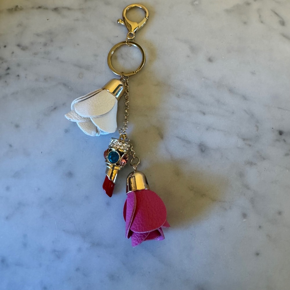 Gold Tone Lipstick Flower Tassel Keychain Bag Charm Pink White Rhinestone Accent